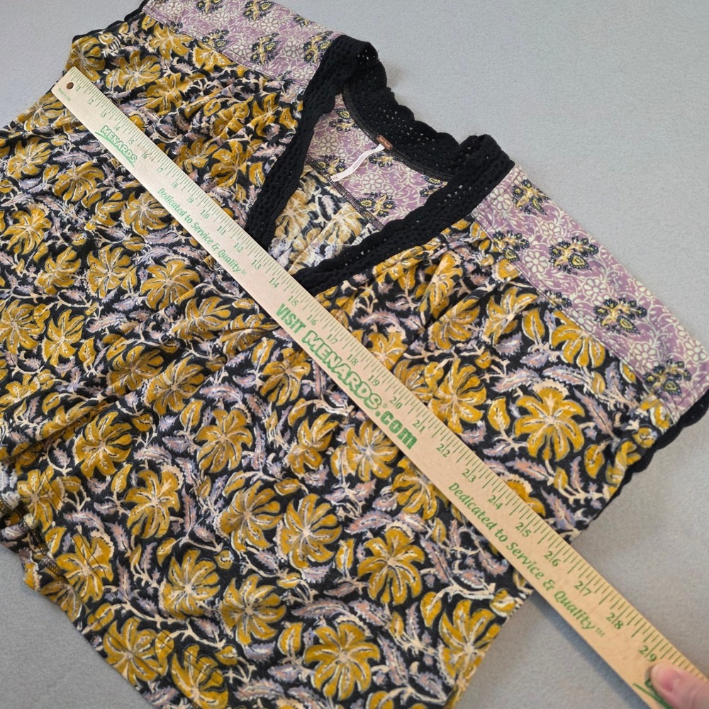 Free People Mixed Floral Boho Crochet V-Neck Cap Sleeve Top Mustard Purple Med - Picture 8 of 10